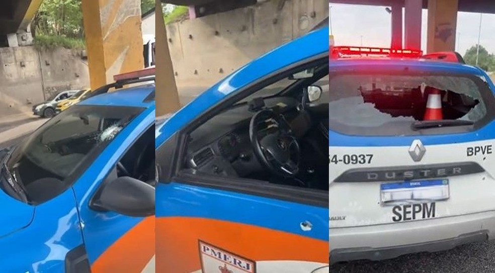 Carro da PM foi metralhado na Avenida Brasil — Foto: Reprodução