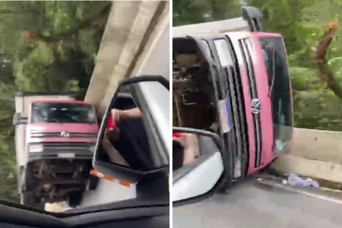 Caminhão tomba na Rodovia Oswaldo Cruz e interdita