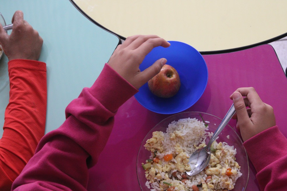 Refeição escolar oferecida aos alunos da EMEF Espaço de Bitita, no Canindé. — Foto: Rovena Rosa/Agência Brasil