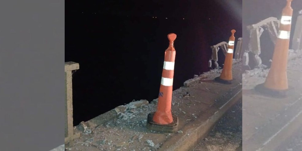 Ve&iacute;culo bateu na mureta da ponte e destruiu a barreira de prote&ccedil;&atilde;o de ponte que liga Novo Horizonte (SP) a Ponga&iacute; (SP) &mdash; Foto: TV BGO