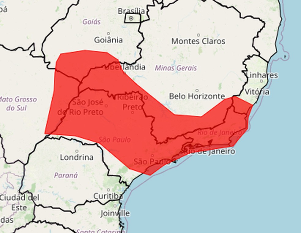 As áreas em vermelho no mapa têm aviso de 'grande perigo' para onda de calor até o fim da tarde desta terça-feira (30). — Foto: Inmet