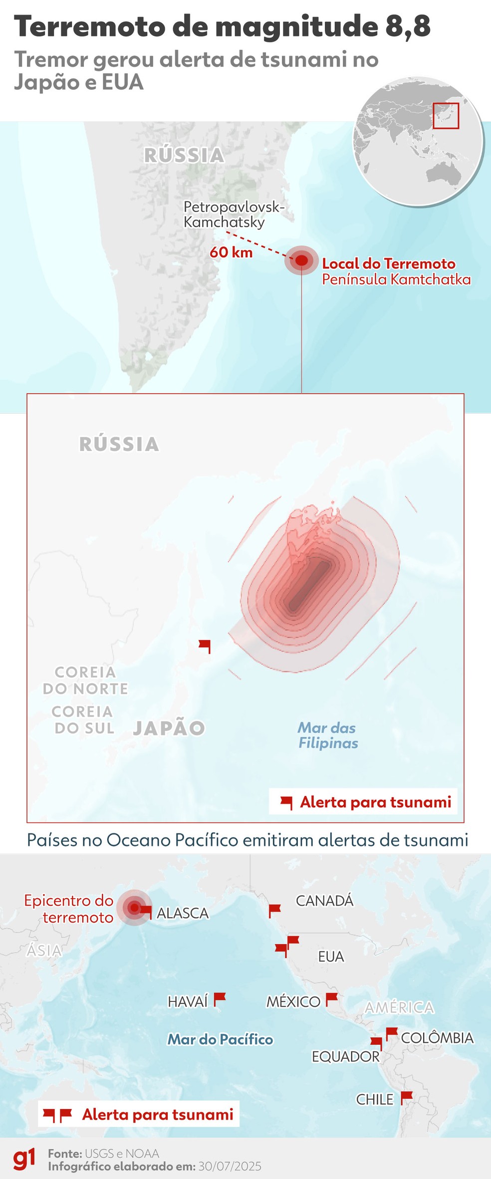Mapa mostra o epicentro do terremoto no Oceano Pacífico; impacto maior foi no extremo leste da Rússia — Foto: Arte/g1