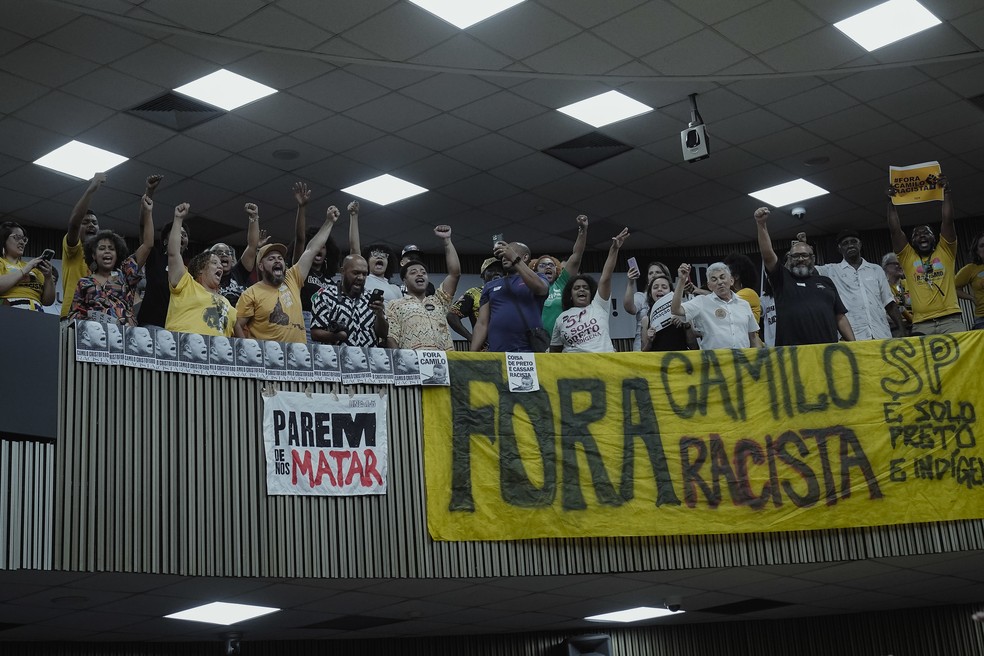 Galerias do plenário da Câmara Municipal de SP com manifestantes a favor da cassação de Camilo Cristófaro — Foto: Richard Lourenço/Rede Câmara