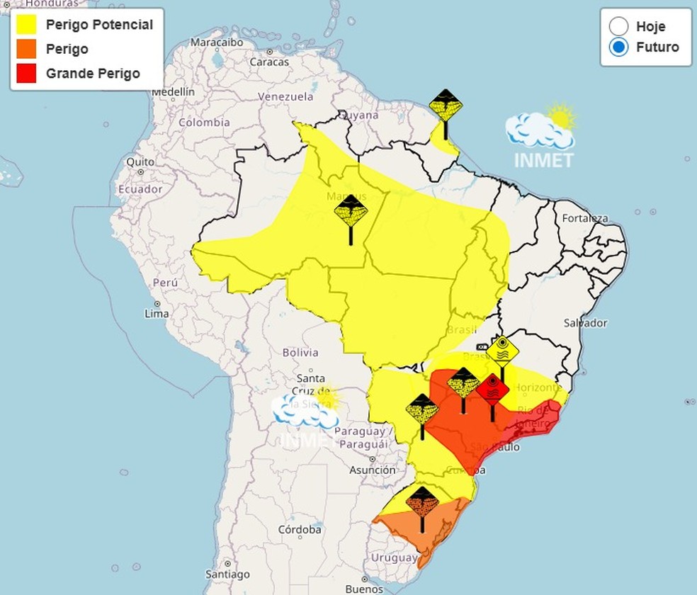 Algumas cidades da Zona da Mata estão dentro do alerta vermelho do Inmet — Foto: Inmet/Reprodução
