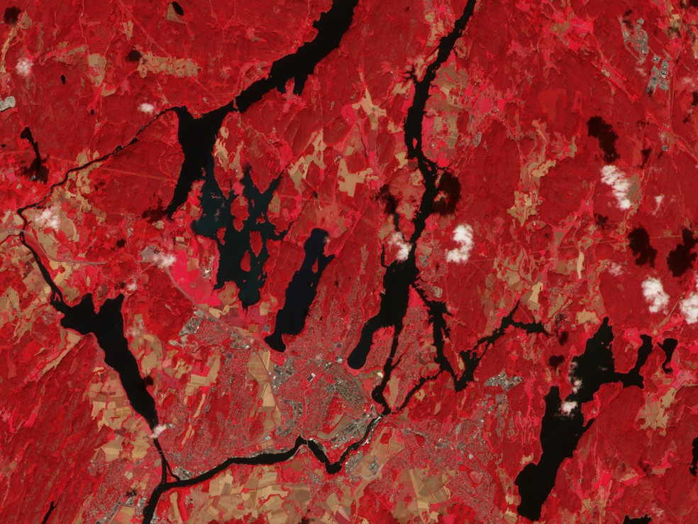 Imagens de 11 de agosto de 2025 e 4 de agosto de 2026 mostram a redução da água no rio Glomma e no lago Vestvannet, no sul da Noruega. — Foto 1: Copernicus Sentinel-2/ESA — Foto 2: Copernicus Sentinel-2/ESA