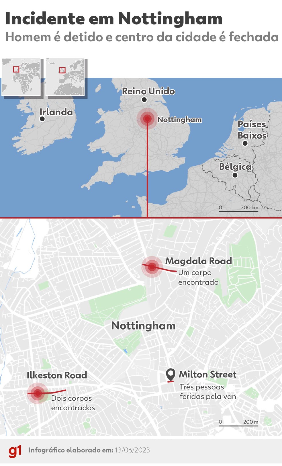 Mapa de Nottingham, na Inglaterra, onde três corpos foram encontrados na rua e um homem atropelou outras três, em 13 de junho de 2023.  — Foto: arte/g1