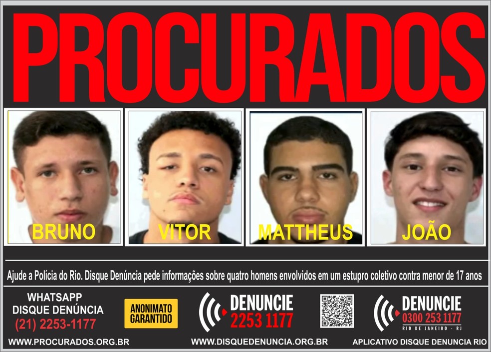 Portal dos Procurados divulgou cartaz dos quatro jovens denunciados pelo estupro coletivo — Foto: Divulgação/Disque Denúncia