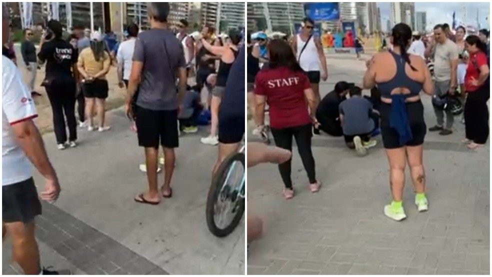 Turista de 74 anos sofre traumatismo craniano após ser atropelada por ciclista na Beira-Mar, em Fortaleza (CE) — Foto: Reprodução/Paulo Angelim