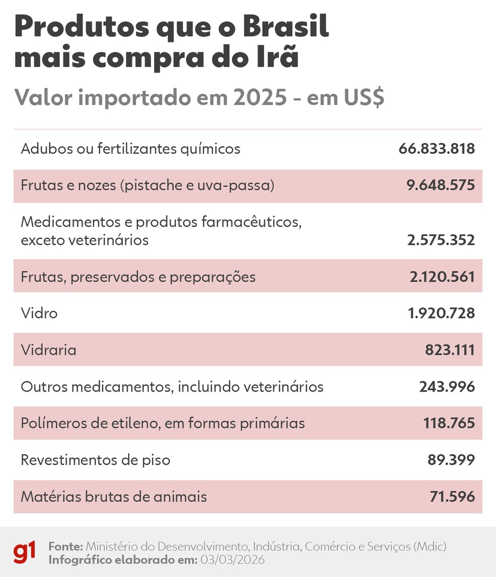 Produtos que o Brasil mais compra do Irã. — Foto: Arte/g1