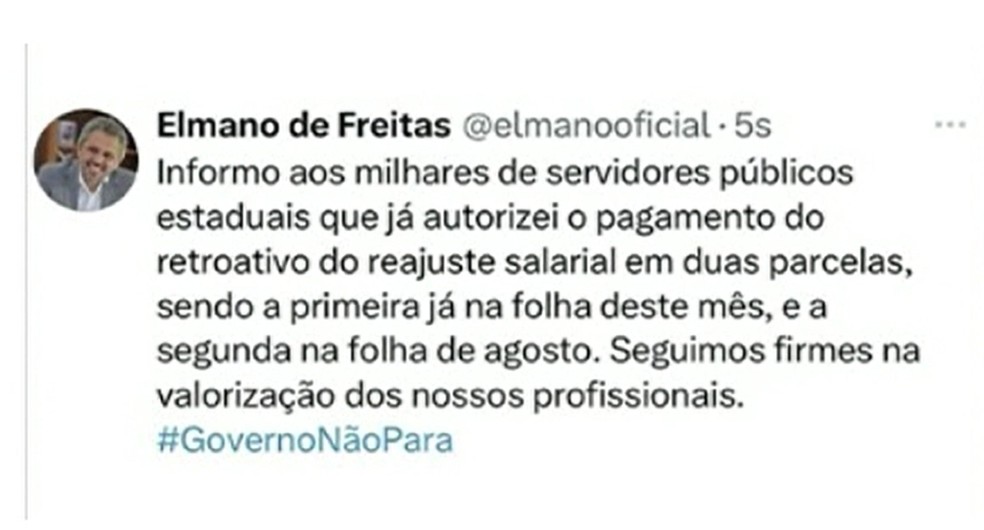 Elmano anuncia pagamento de retroativo. — Foto: Reprodução