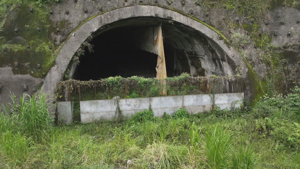 Mato encobre boa parte da boca do túnel, previsto para ser um dos mais extensos do país — Foto: Reprodução/TV Globo