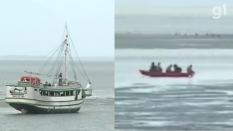 Passageiros precisaram usar uma canoa após o barco ficar preso na maré baixa em São Luís. — Foto: Reprodução/TV Mirante