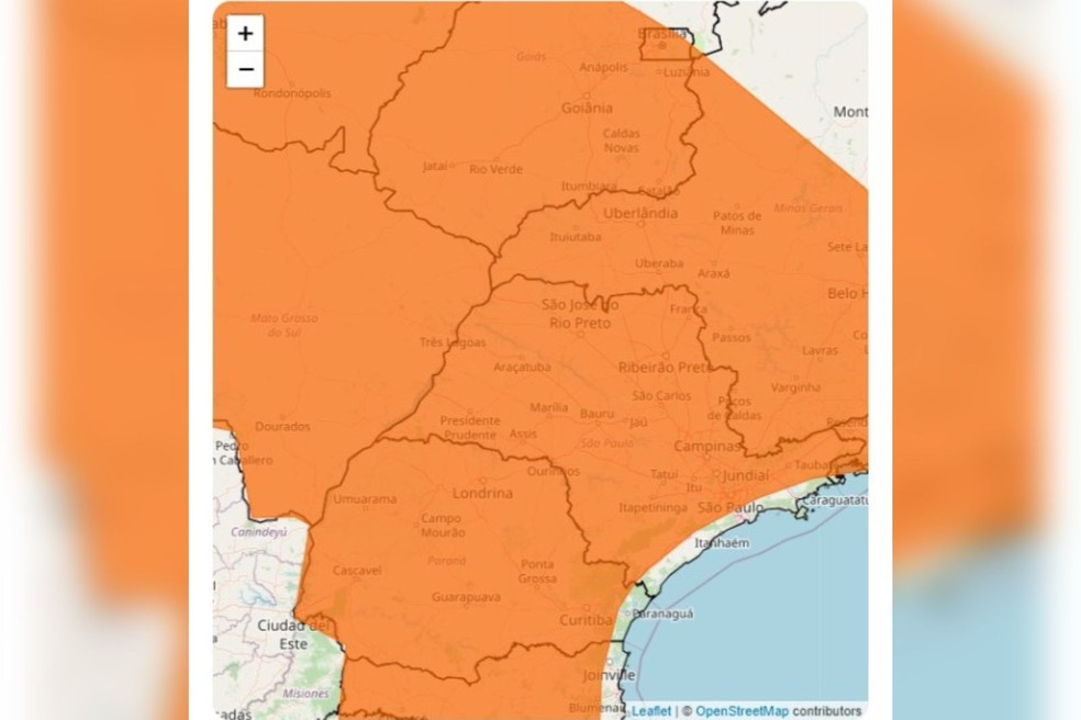 A previsão do Inmet indica que as temperaturas mais elevadas devem ficar no Centro Norte e Centro Oeste paulista — Foto: Inmet