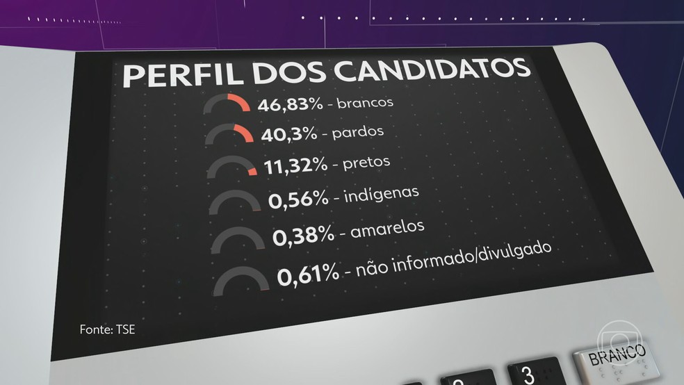 Perfil dos candidatos: candidatos que se declaram indgenas ou amarelos no chegam a 1% do total.  Foto: Reproduo/TV Globo
