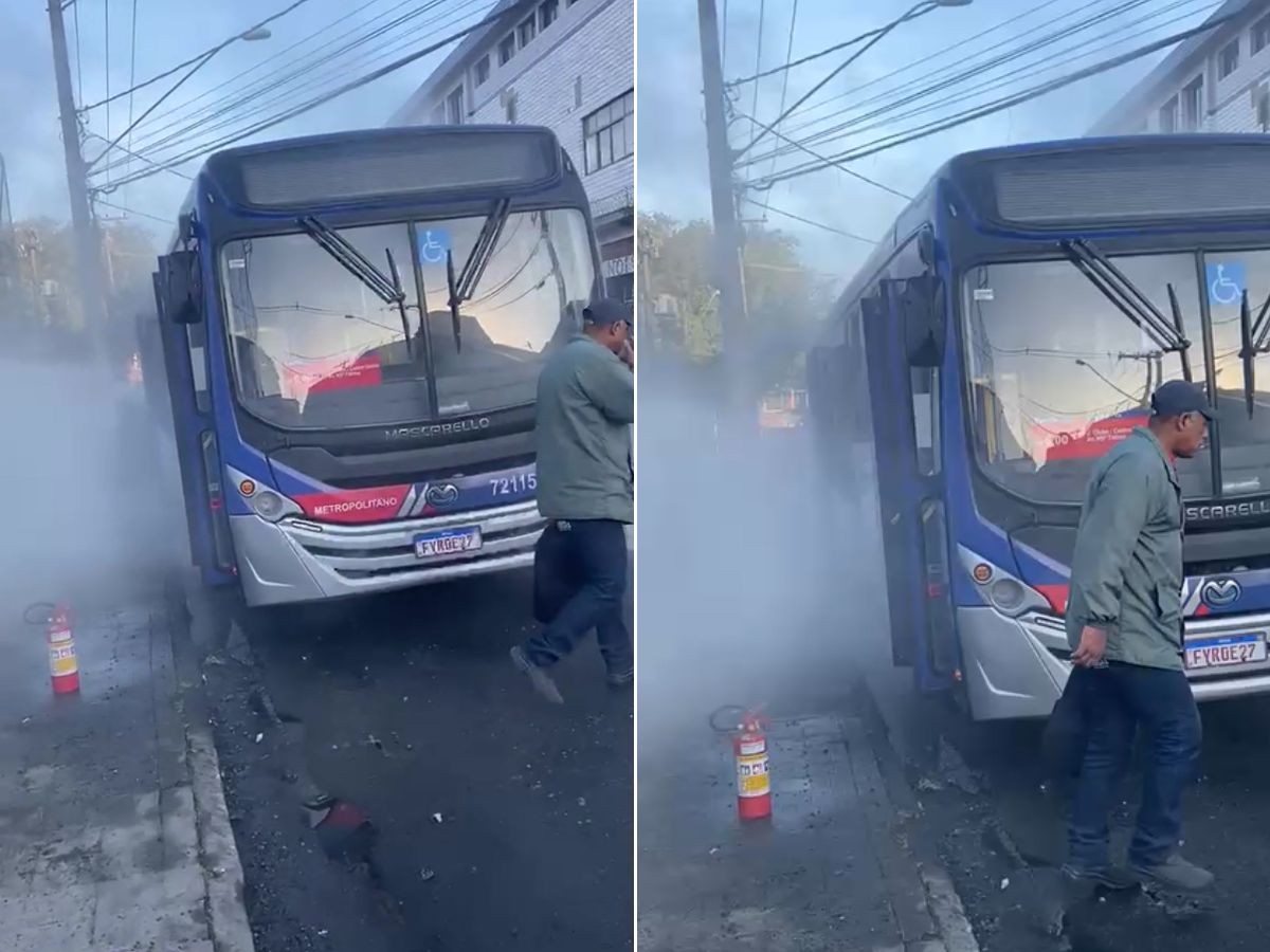 Ônibus pega fogo após falha elétrica e passageiros correm para fora do veículo no litoral de SP