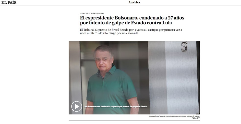 El País repercute a condenação de Bolsonaro. — Foto: Reprodução/ El País
