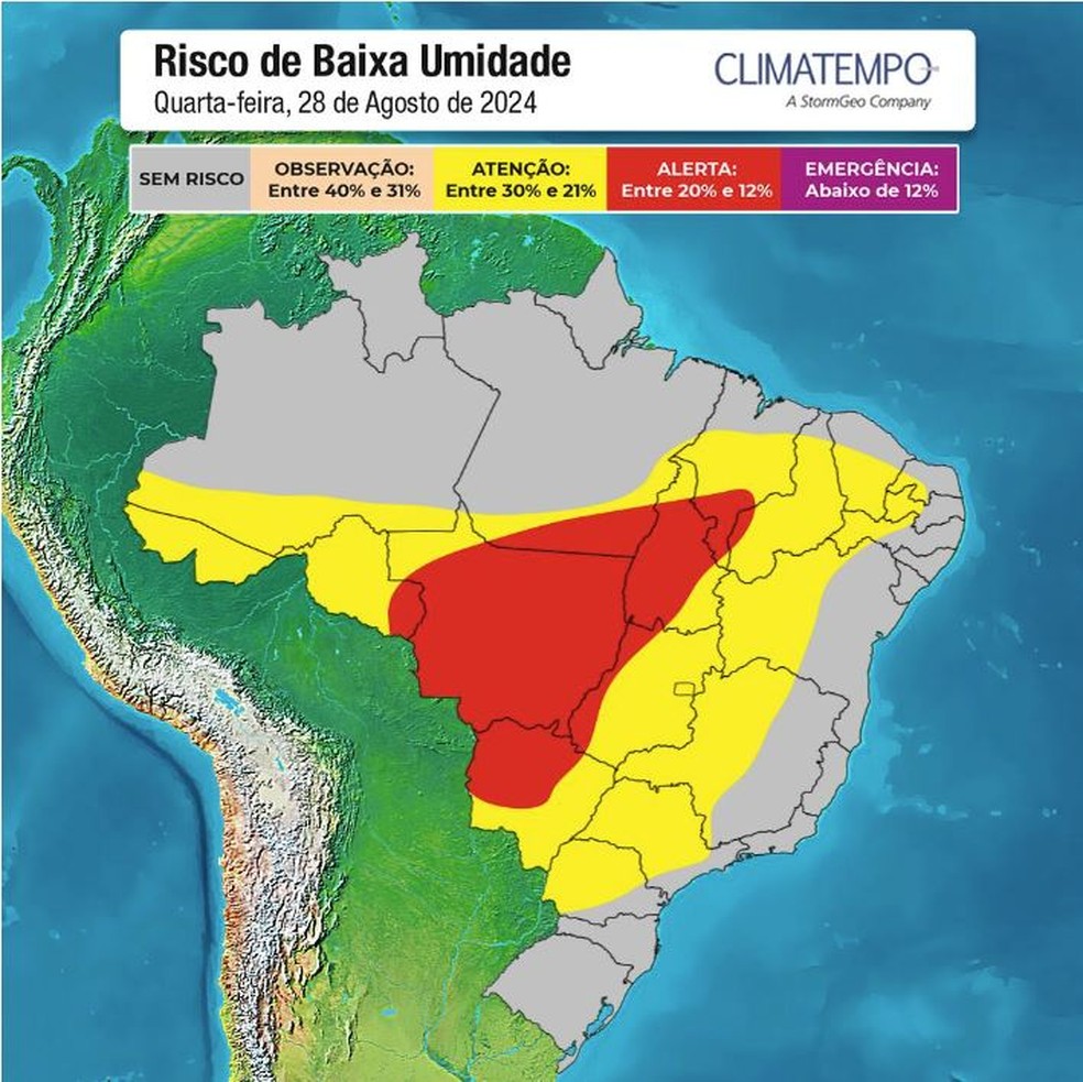 Mapa de risco de baixa umidade do ar para quarta-feira. — Foto: Arte: Climatempo