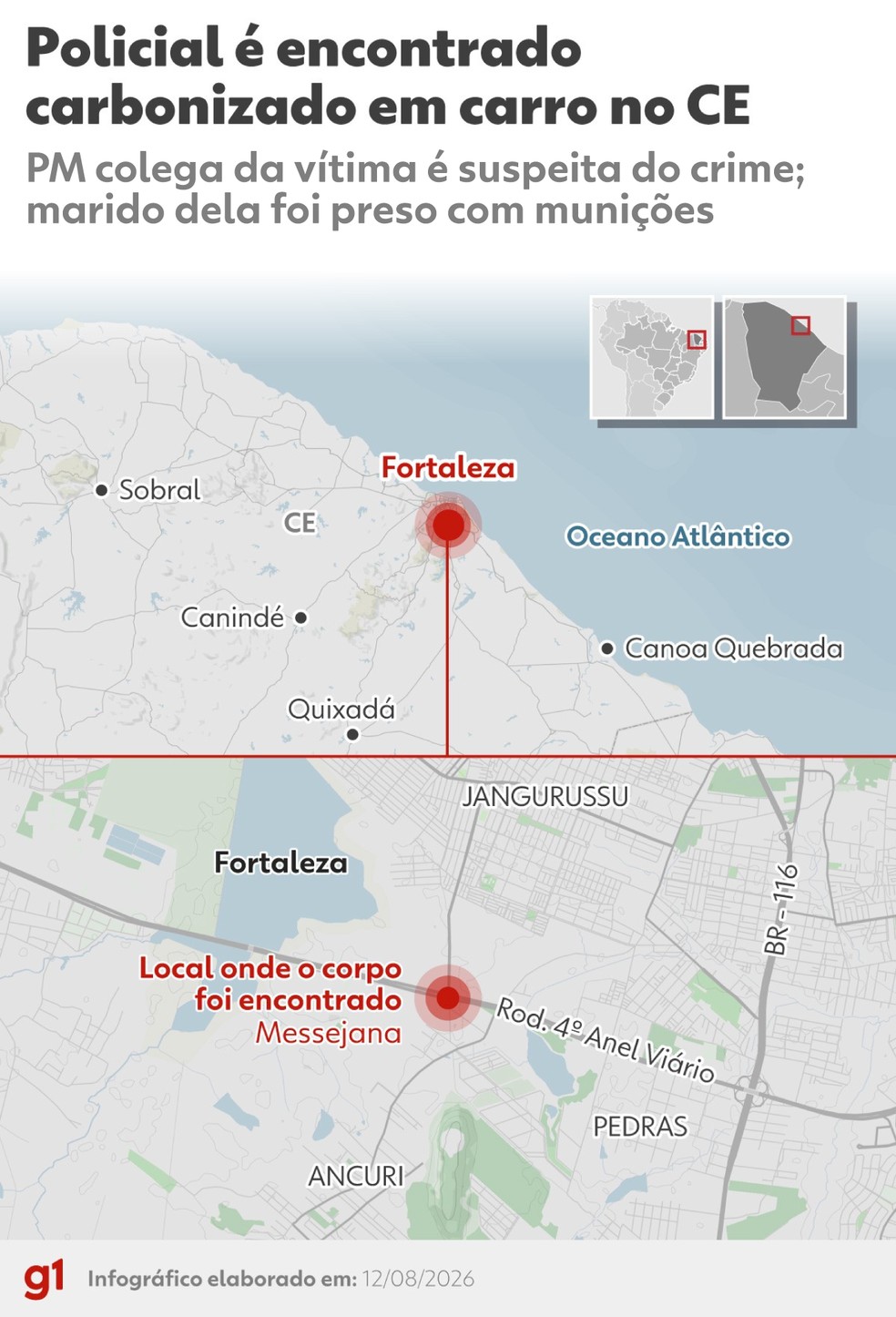 Infográfico: PM é encontrado carbonizado dentro de carro no Ceará — Foto: Arte/g1