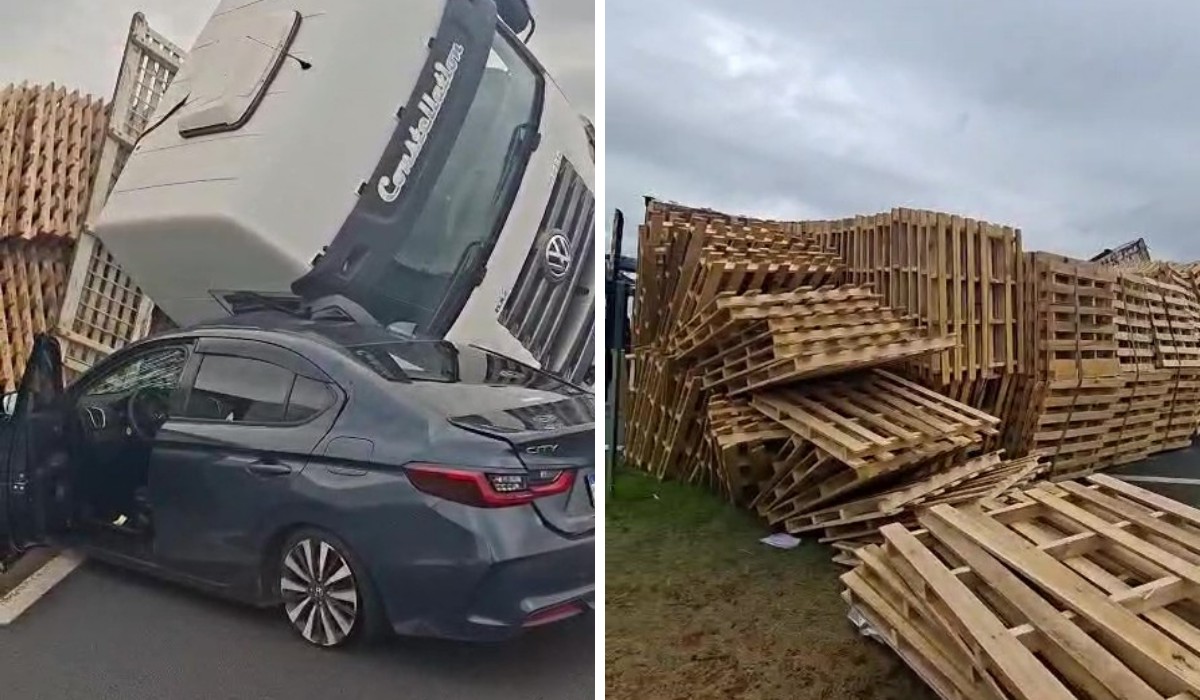 Caminhão carregado de paletes tomba sobre veículo na Rodovia dos Bandeirantes​‌​