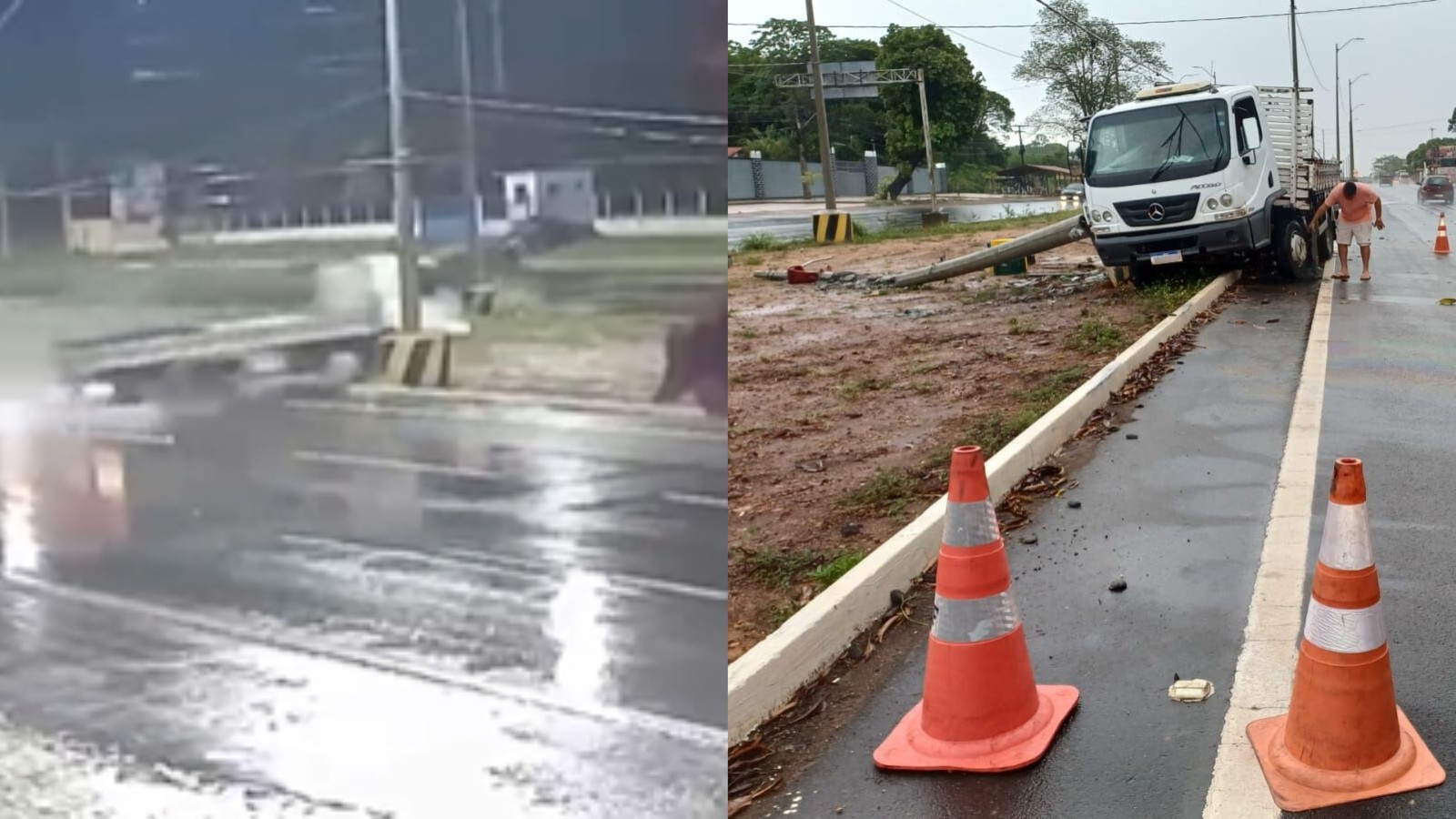 VÍDEO: Caminhão desliza em pista molhada, bate em poste e provoca falta de energia em Teresina