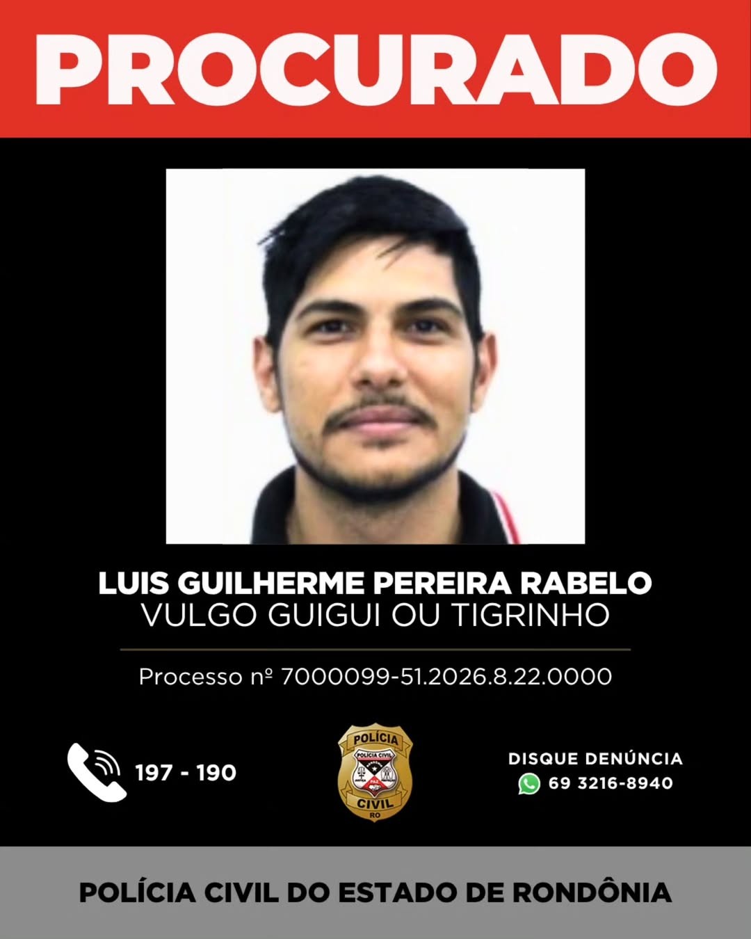 Luis Guilherme Pereira Rabelo – vulgo Guigui ou Tigrinho — Foto: Reprodução/Polícia Civil de Rondônia (PC-RO)