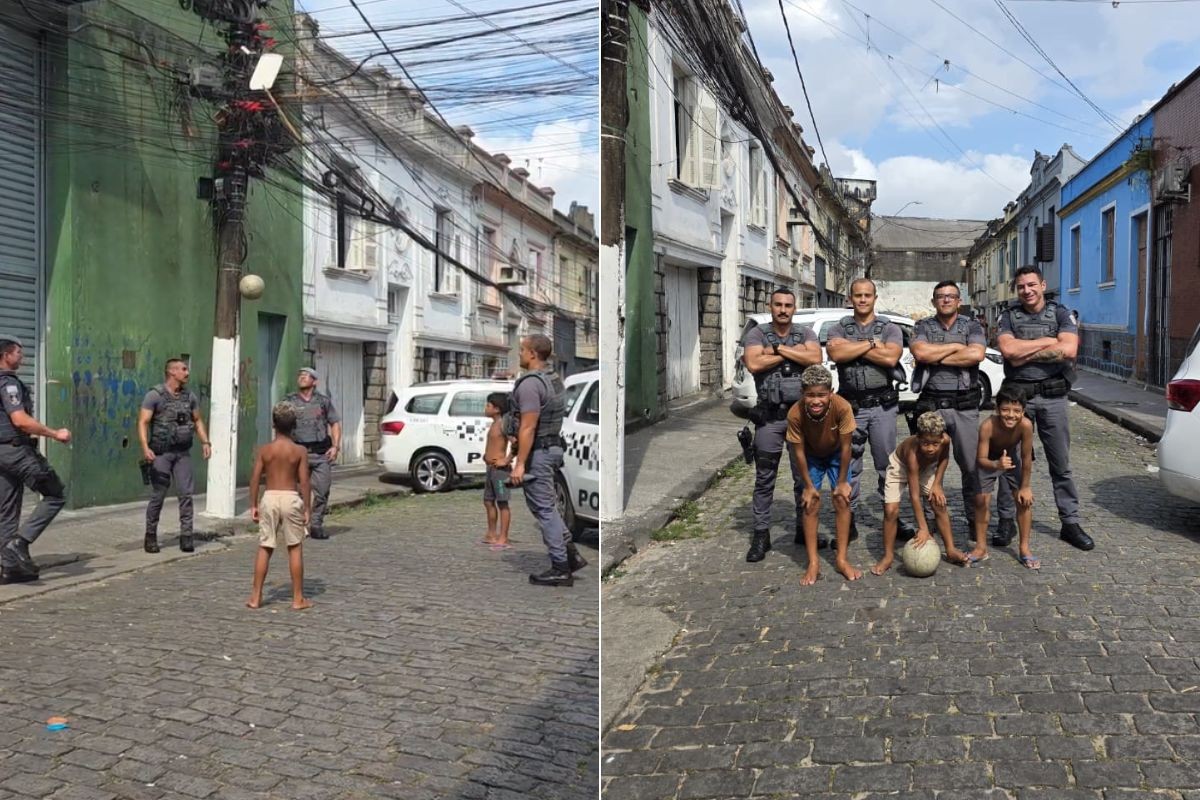 PMs jogam bola com crianças em comunidade do litoral de SP e ação viraliza: 'experiência marcante'; VÍDEO
