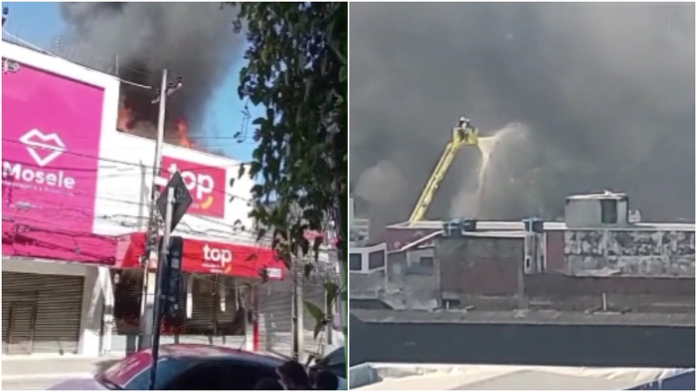 Bombeiros atuam no combate às chamas em loja de móveis no Centro de Fortaleza. — Foto: Reprodução
