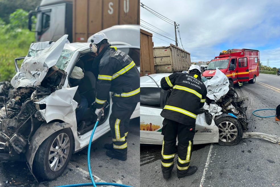 Motorista de táxi morre após acidente com caminhão em Maceió — Foto: CBM-AL