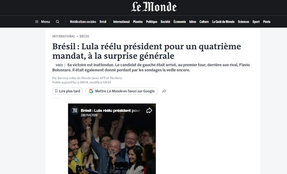 Reportagem do jornal Le Monde, da França, sobre a reeleição de Lula em 26 de outubro de 2026. — Foto: Reprodução/Le Monde