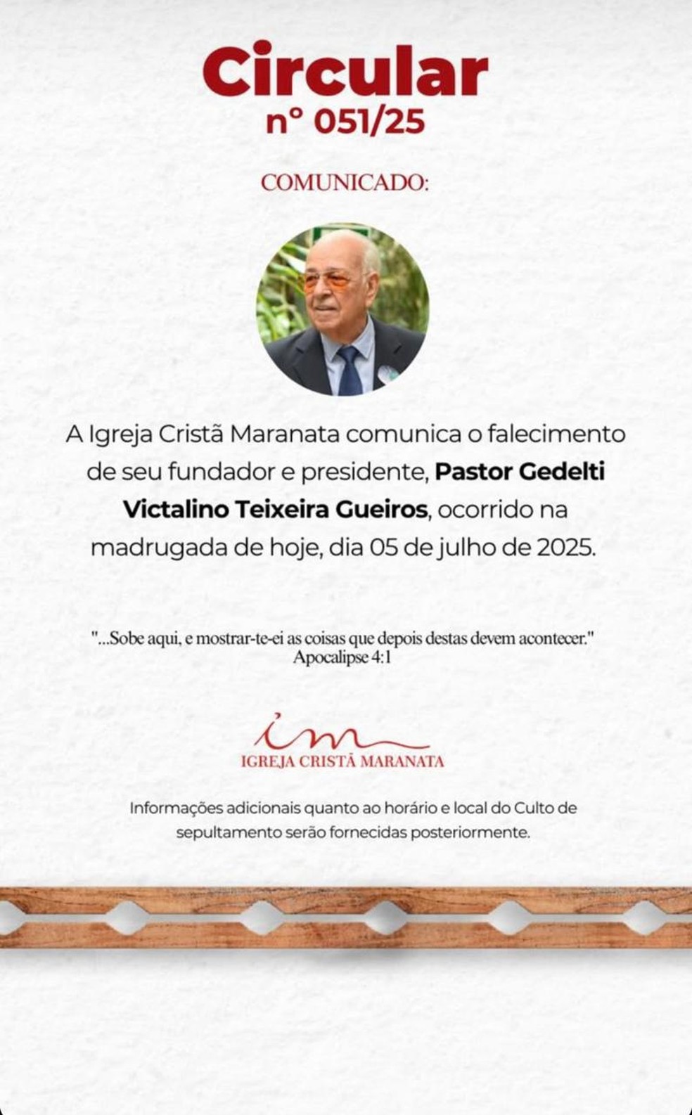 Igreja Maranata publica sobre morte de seu fundador e presidente, Pastor Gedelti Gueiros, no Espírito Santo — Foto: Reprodução/Redes sociais