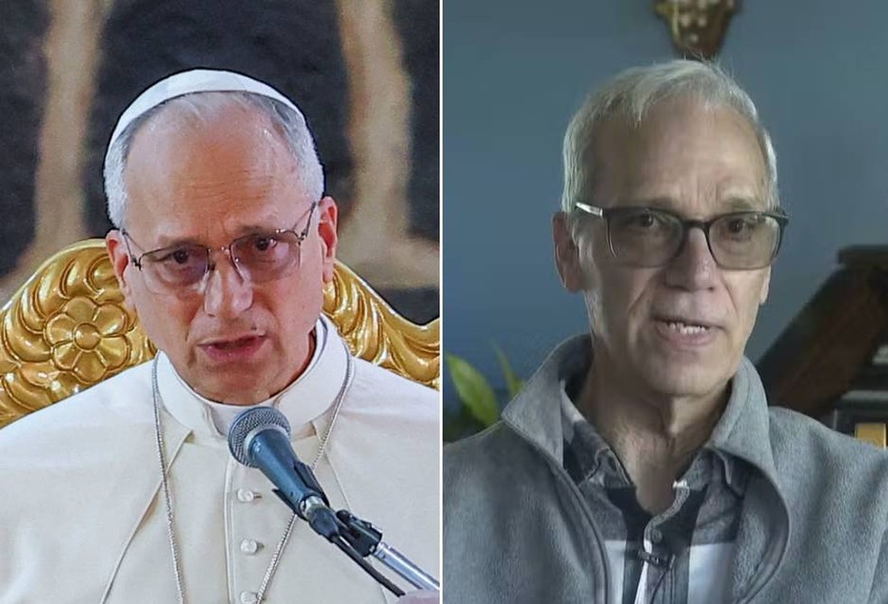 Papa Leão XIV e John Prevost, um dos irmãos — Foto: REUTERS/Guglielmo Mangiapane e AP Photo/Obed Lamy