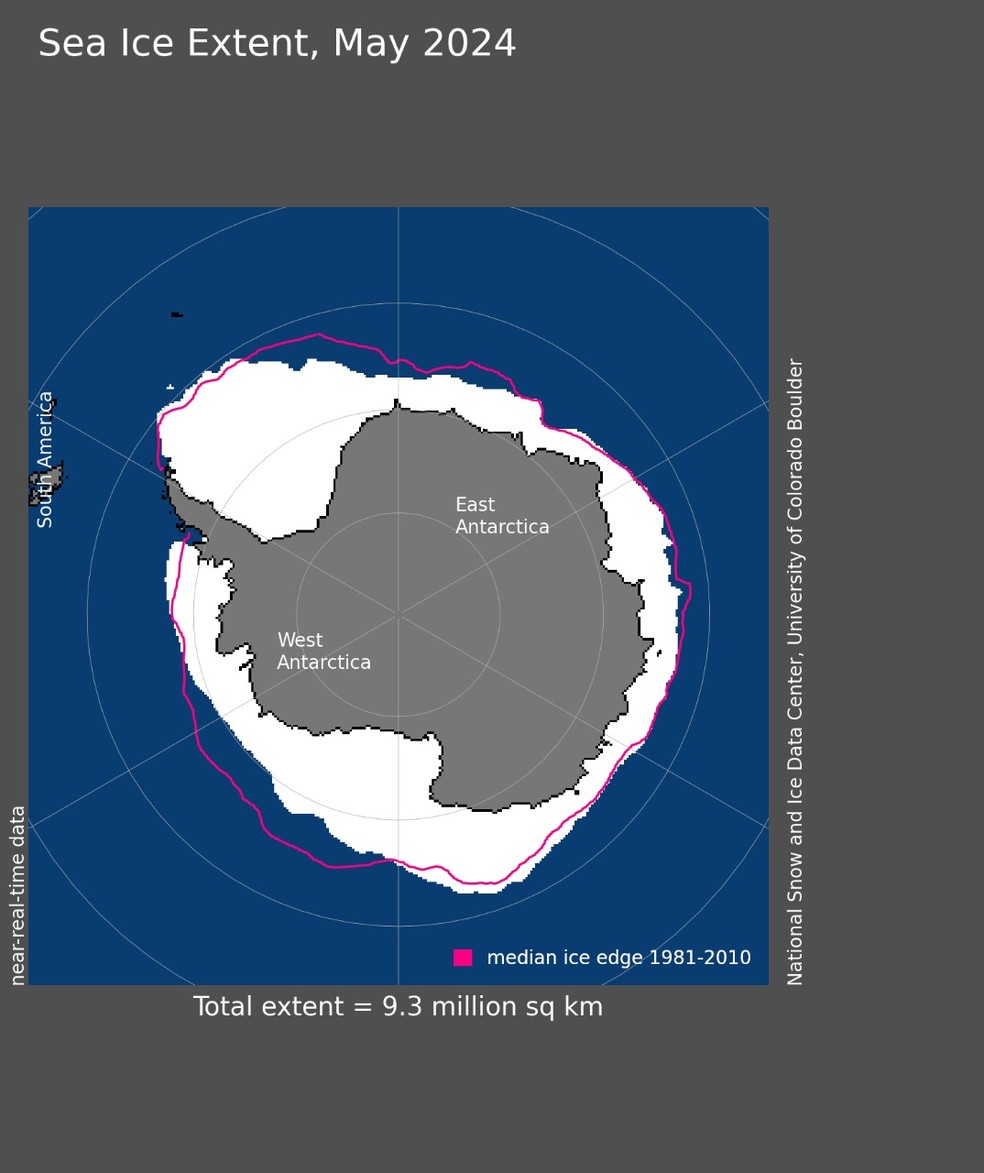Camada de gelo marinho foi maior em maio de 2024 do que a esperada pelos cientistas — Foto: National Snow and Ice Data Center