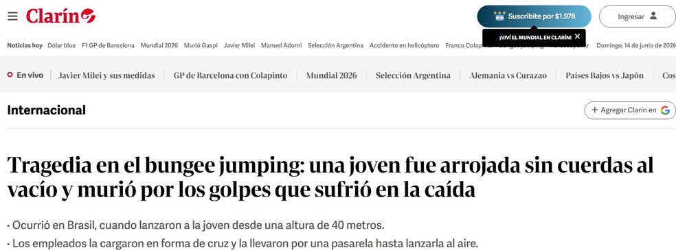 Clarín disse que a 'jovem foi lançada ao vazio sem cordas e morreu devido aos ferimentos sofridos na queda' — Foto: Reprodução