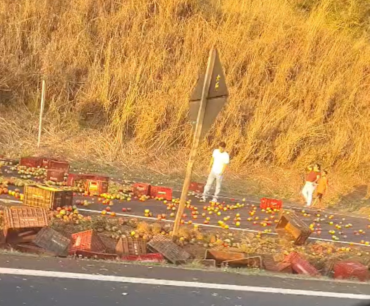 Caminhão carregado de tomates tomba e interdita BR-050 entre Araguari e Uberlândia