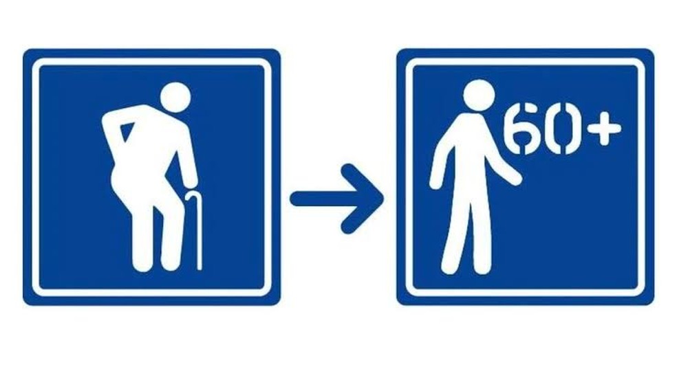 Placa de identificação de vaga para pessoas idosas muda para uma pessoa com a coluna reta com o número 60+ ao lado. — Foto: Foto: Getty image