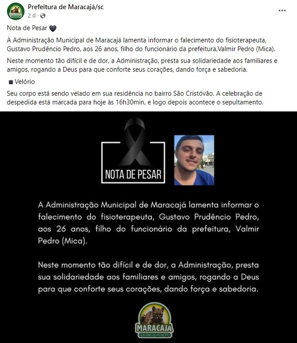 Prefeitura de Maracajá lamentou a morte do jovem — Foto: Redes sociais/ Reprodução