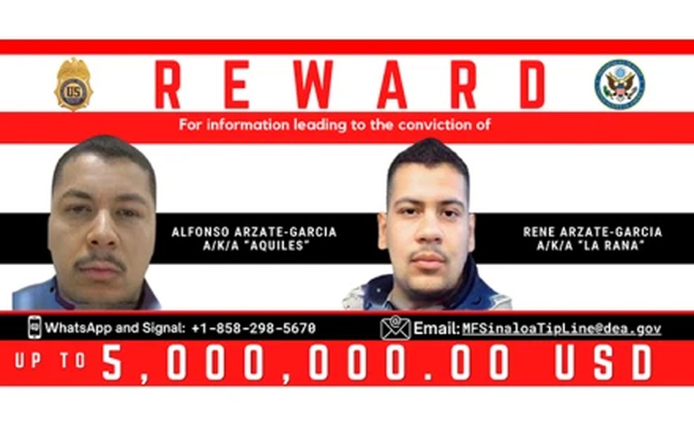 Governo americano também ofereceu uma recompensa por informações sobre o paradeiro de irmãos que lideram o Cartel de Sinaloa — Foto: DEA via BBC