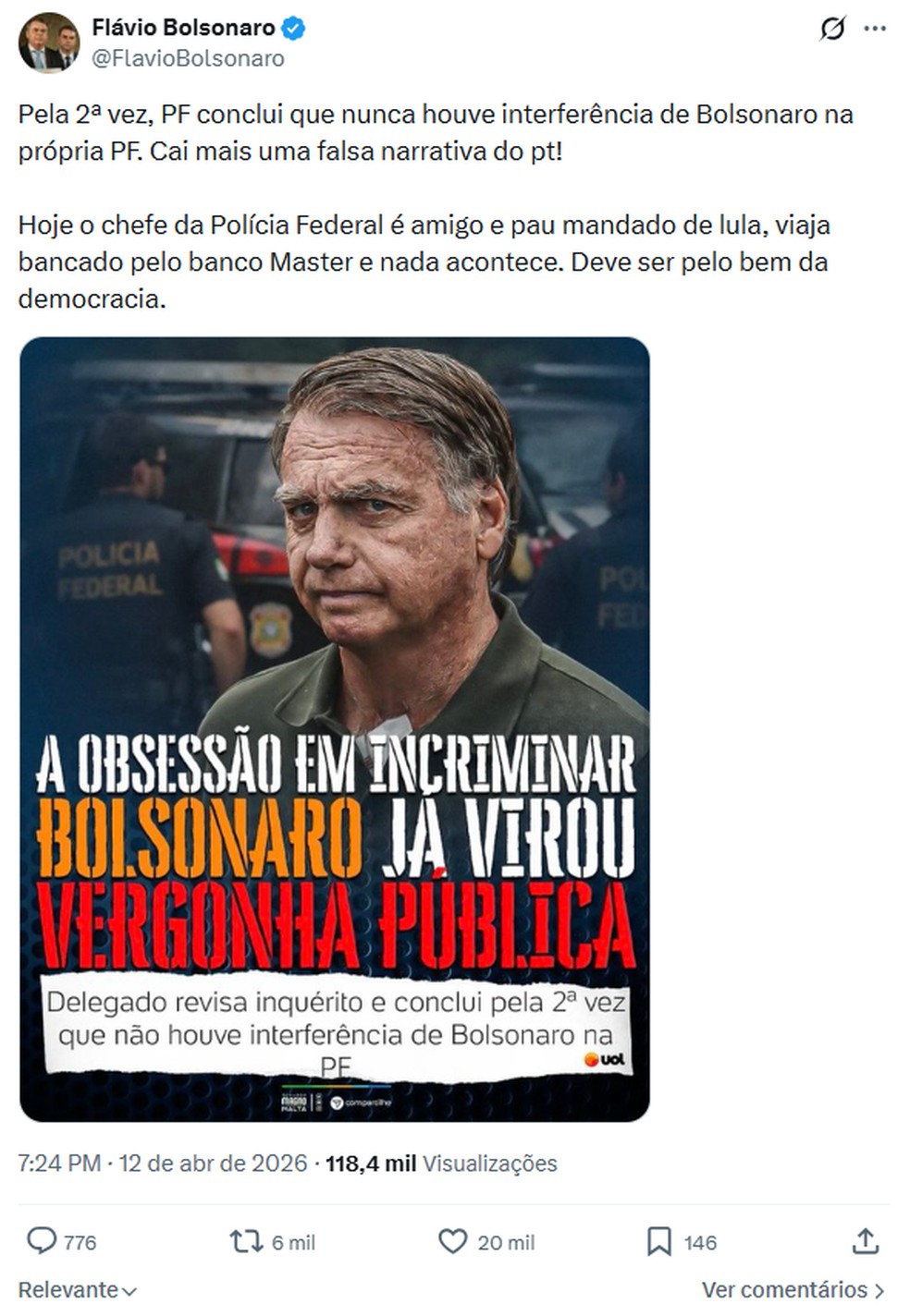 Postagem de Flávio Bolsonaro no X em 12 de abril de 2026 — Foto: Reprodução/X