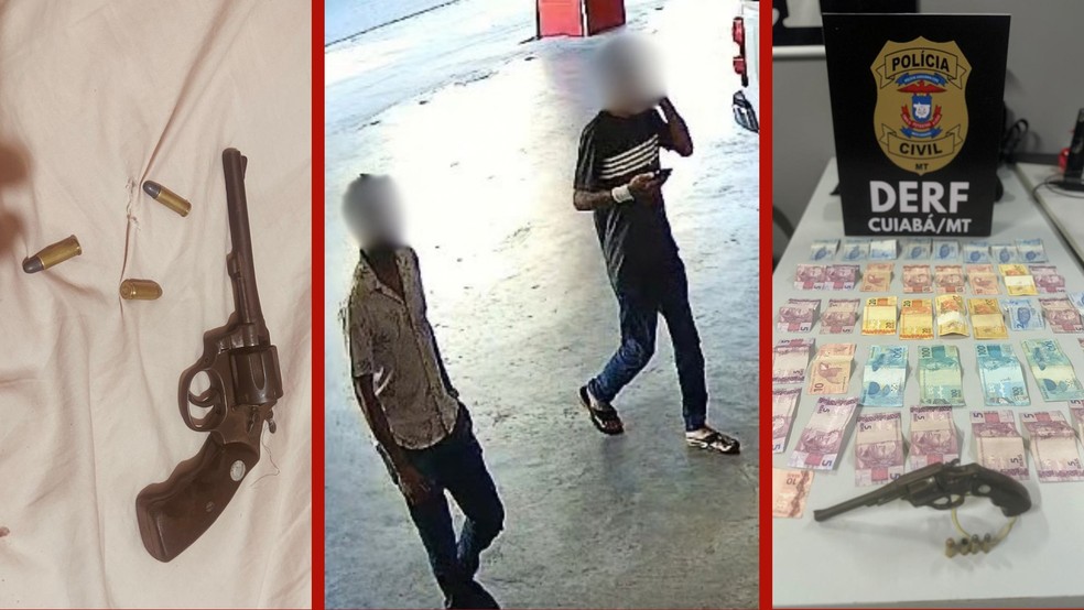 Dois homens, de 20 e 37 anos, foram presos em flagrante após um roubo a uma farmácia no bairro Goiabeiras, em Cuiabá, na tarde desta quinta-feira (1º). — Foto: Polícia Civil