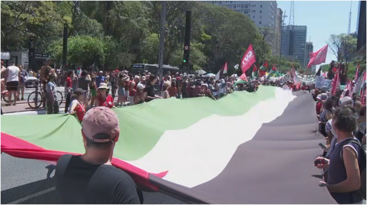 Com bandeira gigante da Palestina, manifestantes fazem ato na Avenida Paulista