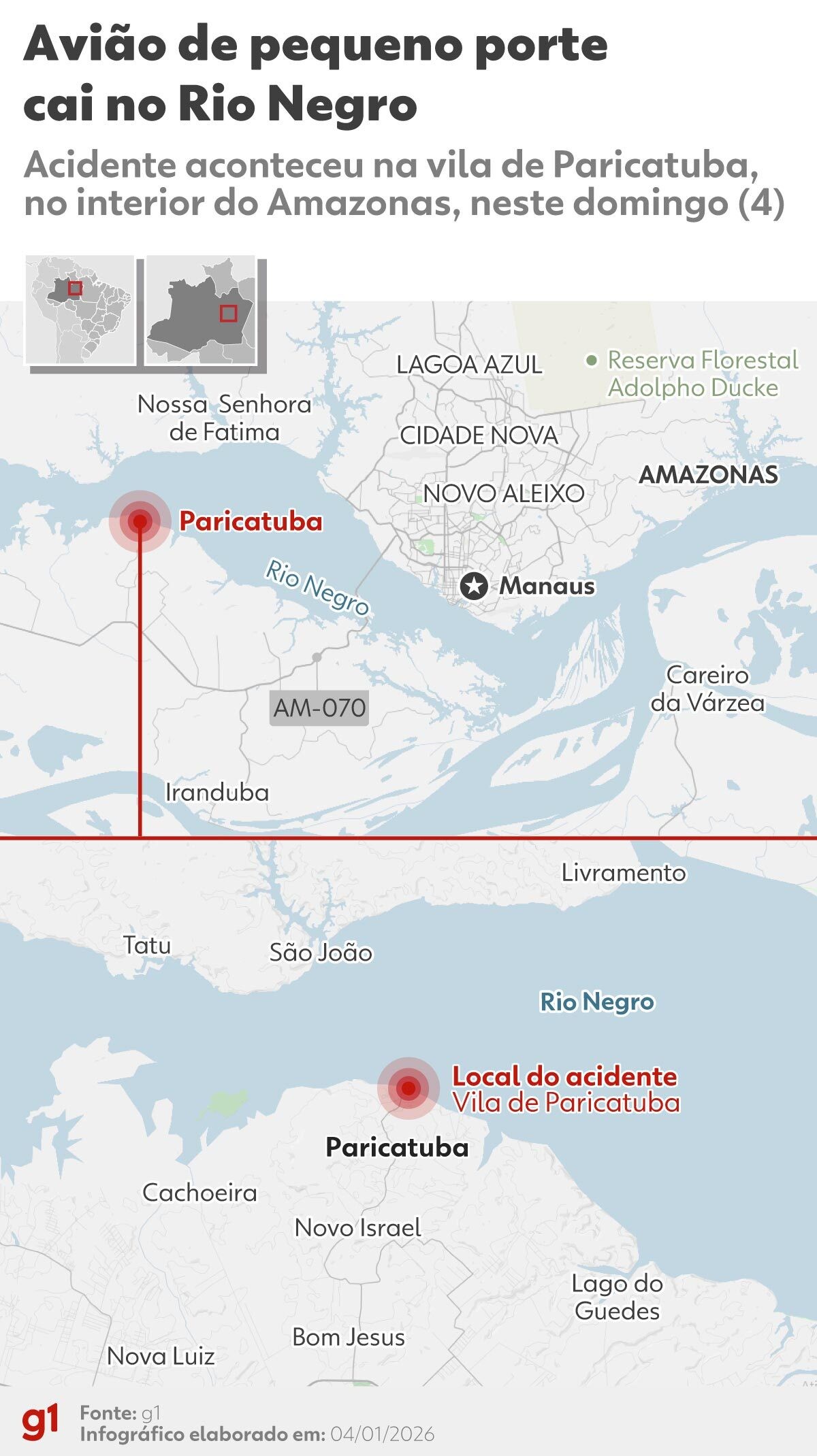 Avião de pequeno porte cai no Rio Negro e deixa dois feridos no interior do AM