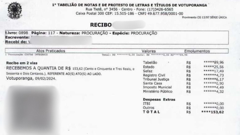 Recebido entregue pelo funcionário do cartório para uma vítima em Votuporanga (SP) — Foto: Arquivo pessoal