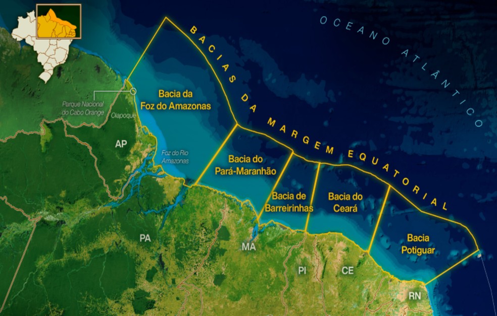 Mapa com os Estados das Bacias da Margem Equatorial — Foto: Divulgação
