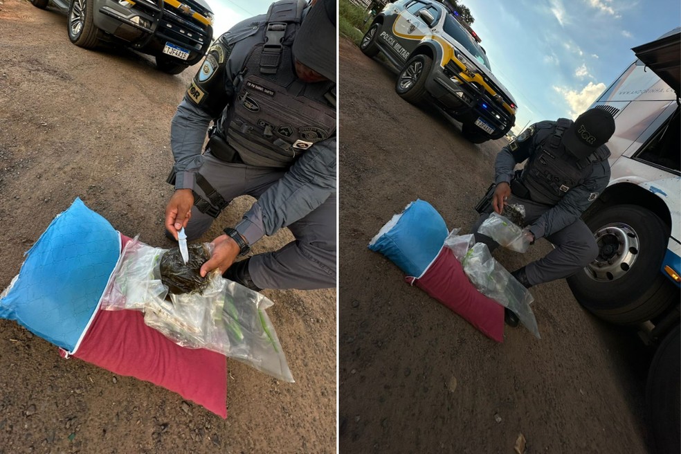 Parte do haxixe apreendido foi encontrado dentro de um travesseiro — Foto: Polícia Rodoviária/Divulgação