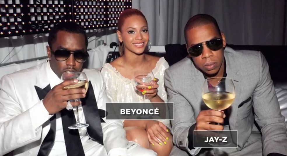Beyoncé e Jay-Z ao lado de P. Diddy em uma das festas promovidas pelo rapper — Foto: Reprodução/ Fantástico