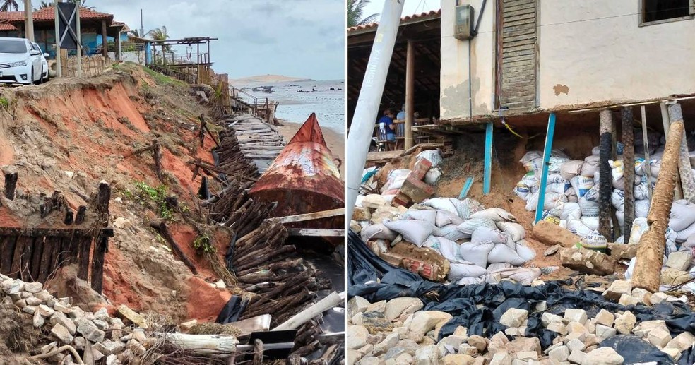 Ressaca do mar no início de janeiro na Praia da Peroba, em Icapuí, destruiu estruturas de contenção — Foto: Associação de Moradores da Peroba
