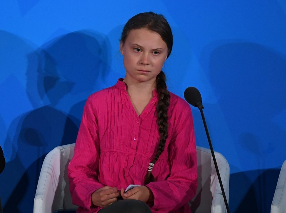 Ativista sueca Greta Thunberg discursou na Cúpula do Clima da ONU nesta segunda (23). — Foto: Timothy A.Clary/AFP