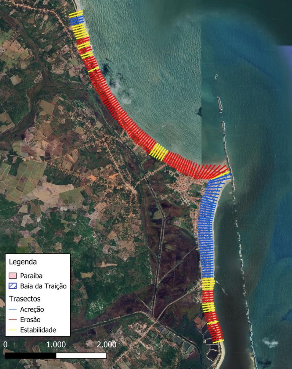 Linhas vermelhas mostram locais em que houve avanço do mar, enquanto linhas em azul mostram locais em que houve ganho de território em relação ao mar, conforme a pesquisa — Foto: Celso Santos/UFPB