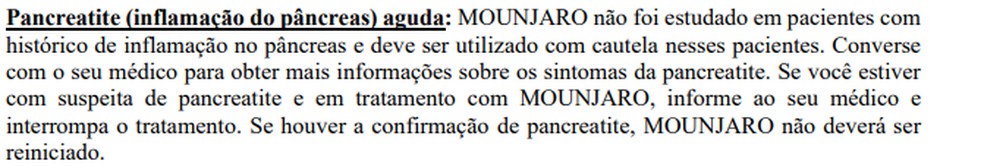 Bula do Mounjaro citando risco de pancreatite — Foto: Reprodução
