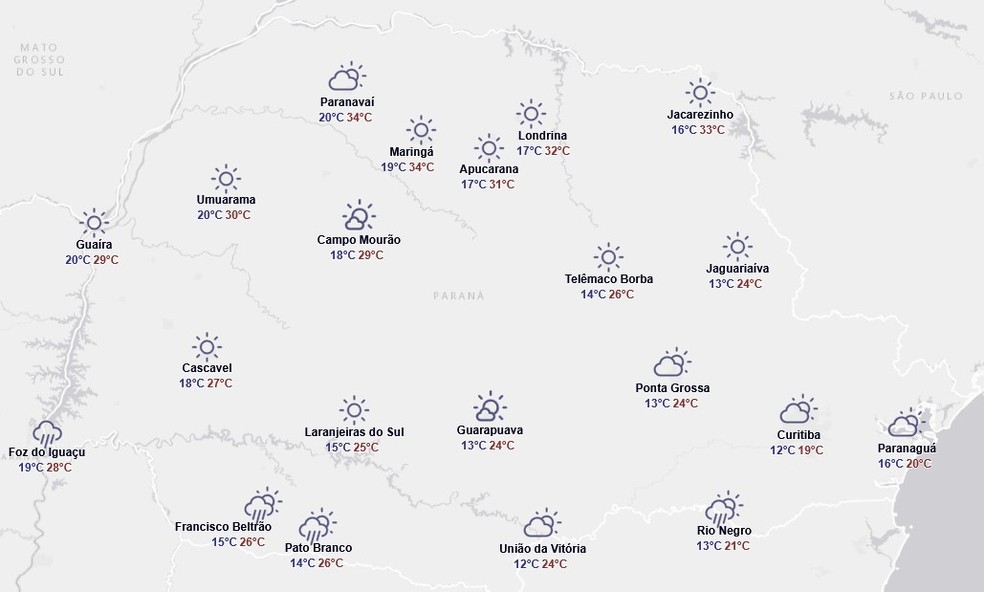 Previsão do tempo do Simepar para segunda-feira, 8 de setembro — Foto: Reprodução/Simepar